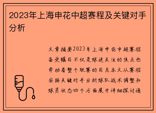 2023年上海申花中超赛程及关键对手分析