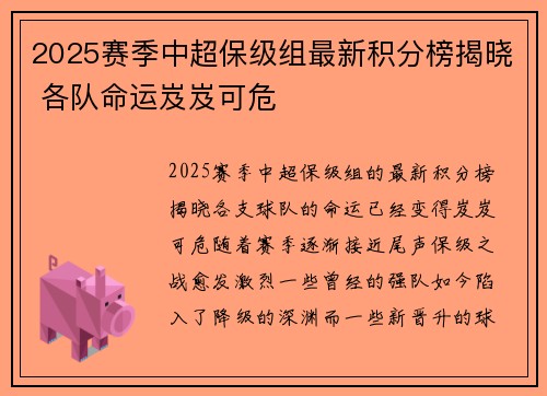 2025赛季中超保级组最新积分榜揭晓 各队命运岌岌可危